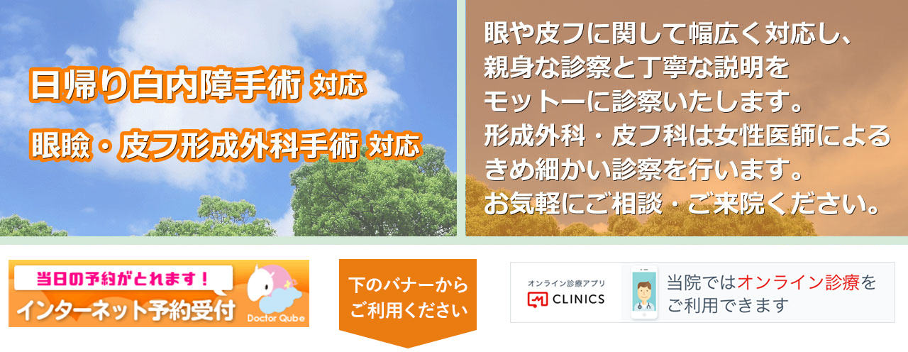 日帰り白内障手術対応　眼瞼・皮フ形成外科手術対応　インターネット予約受付対応　オンライン診療対応